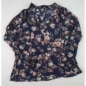 LUCKY Brand Womens Boho Floral Knit Top Flare Sleeve Navy Blue Size Small